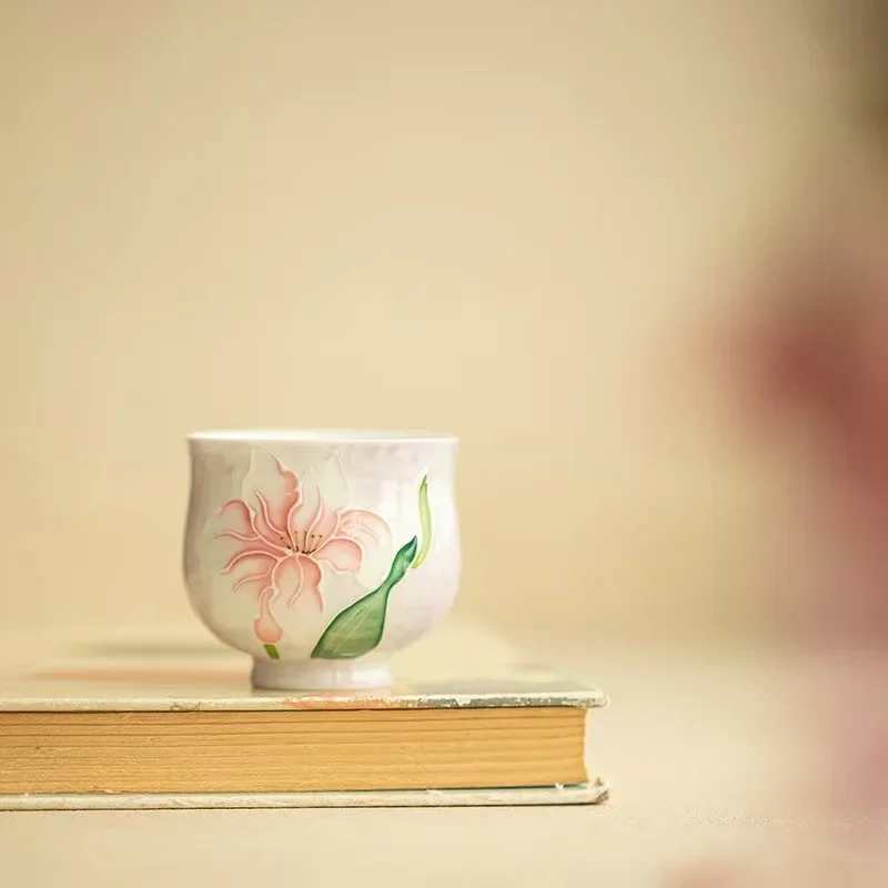 2Pc 50ML Misty Purple Pure Hand-painted Lily Fragrant Teacup Master Cup Exquisite Waist Cup Ceramic TeaSet Household TeaCup Gift