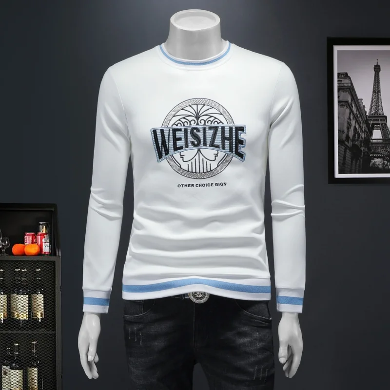 

Мужской свитшот с длинным рукавом и круглым вырезом, приталенный, утолщенный, с принтом, повседневная базовая футболка из комфортного хлопка, люксовый стиль