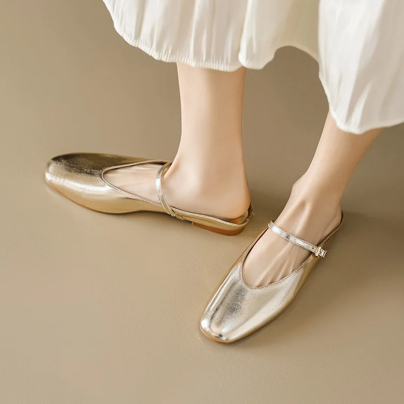 Phoentin Women\'s Genuine leather cover Toe fashion Slippers Summer low Heels Fashion flats elegant mules shoes plus size FT2541