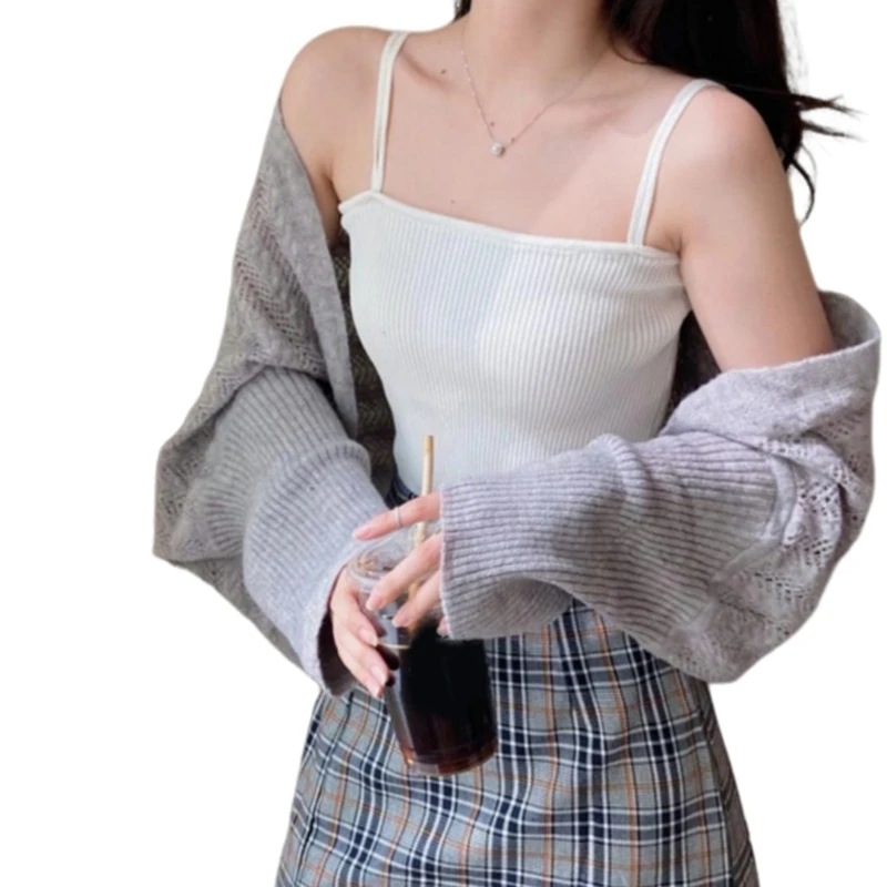 Phụ Nữ Nhún Vai Mùa Hè Dài Tay Crop Cardigans Áo Len Khăn Choàng Ngắn