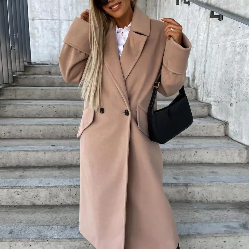 Loose Coat Thick Windproof Mid Length Lapel Overcoat for Women Solid Color Double-breasted Straight for Fall/winter for Women