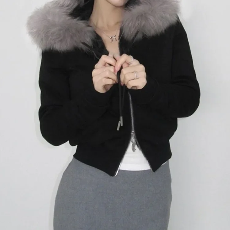 

American Retro Hooded Fur Patchwork Coat Women Autumn Winter New Thicked Warm Sweatshirts Long Sleeve Double Zipper Jackets