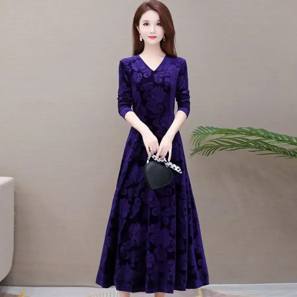 

Women Dress Velvet Big Swing Skirt Dress Floral Pattern V Neck Spring Elegant Long Dress Wedding Female Robe Ladies Vestidos