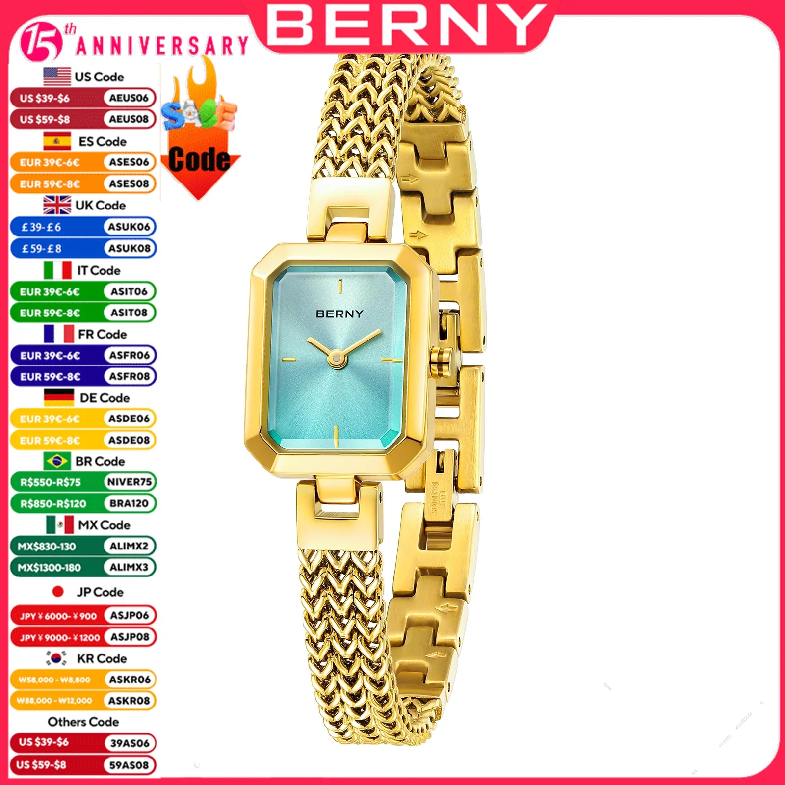 BERNY-reloj rectangular de cuarzo dorado para mujer, relojes de pulsera minimalistas a la moda, banda de reloj de acero inoxidable 3ATM, relojes dorados para mujer