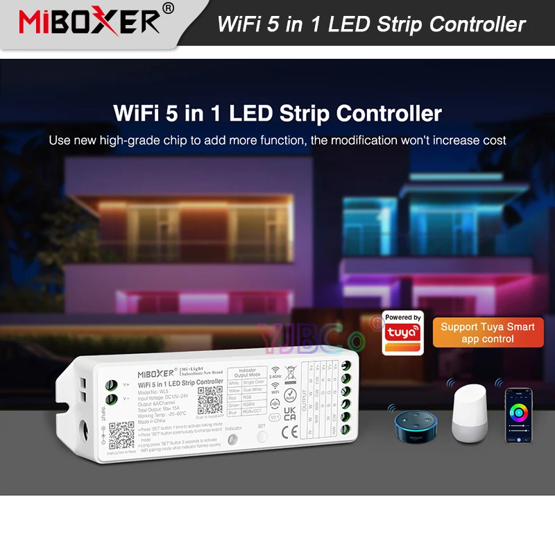 

WiFi tuya 5 in 1 LED Controller WL5 Miboxer 2.4G remote control for 12V 24V Single color/Dual white/RGB/RGBW/RGB+CCT LED Strip