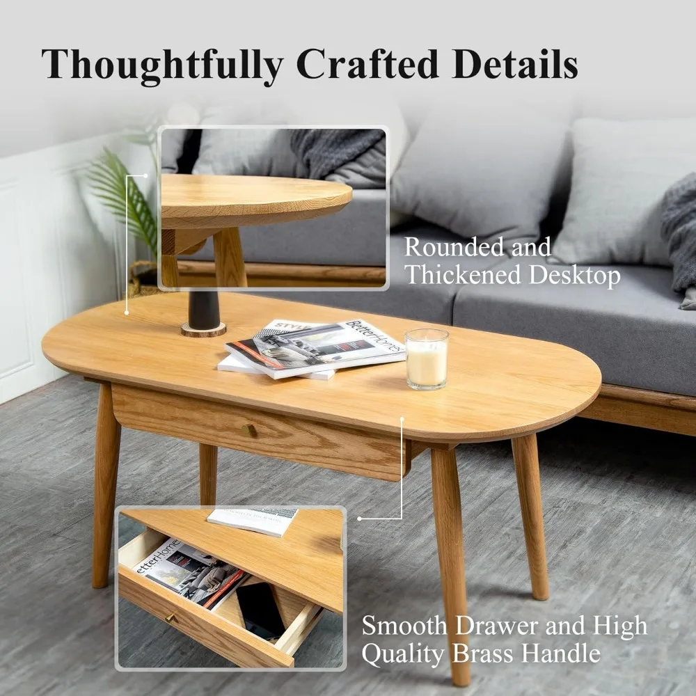 Coffee Table,Mid Century Modern Soild Wood Coffee Table with Storage, Small Oval,Living Room Coffee Tables