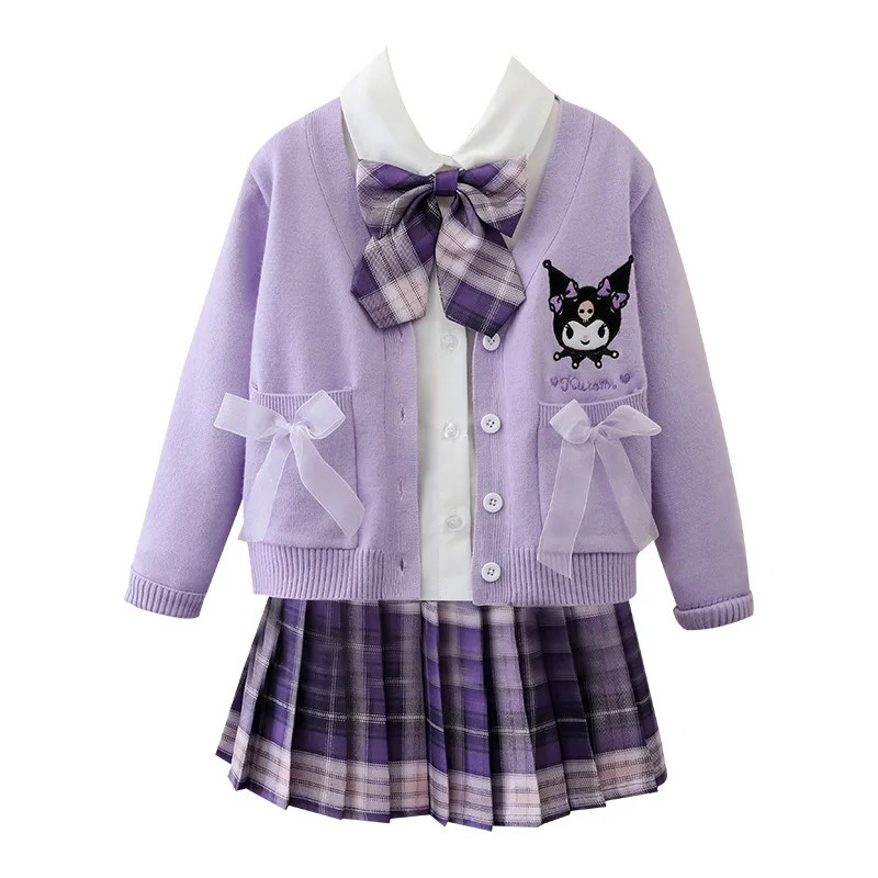 MINISO Kuromi Jk مجموعة ملابس الربيع نمط الأكاديمية ثلاث قطع مجموعة الأطفال القوس موحدة مطوي تنورة محبوك سترة