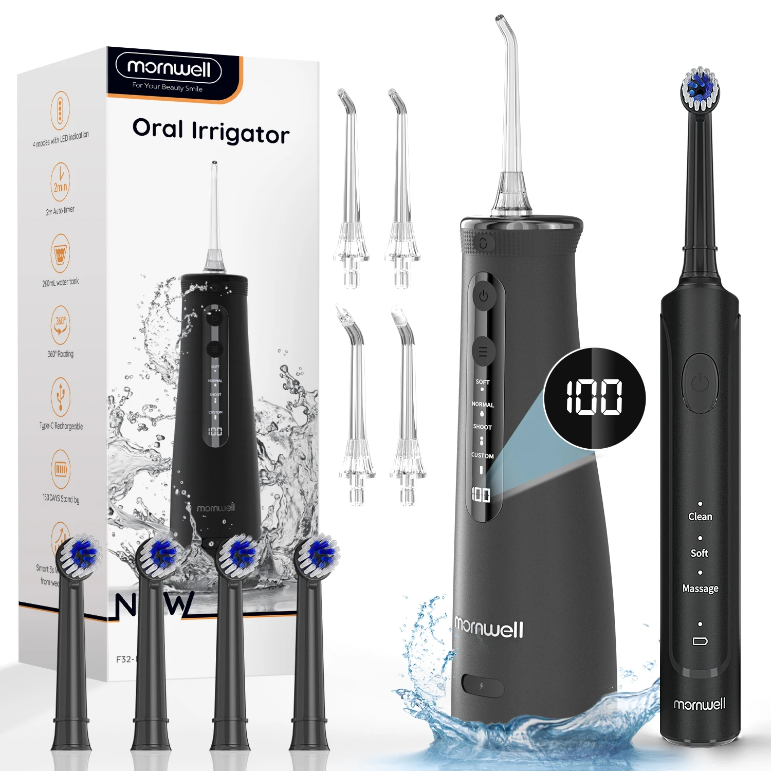 口腔洗浄器 270ML 充電式トラベル洗浄クリーナー IPX7 防水 & 電動歯ブラシキット、ブラシヘ​​ッド 4 個 - 2 分タイマー
