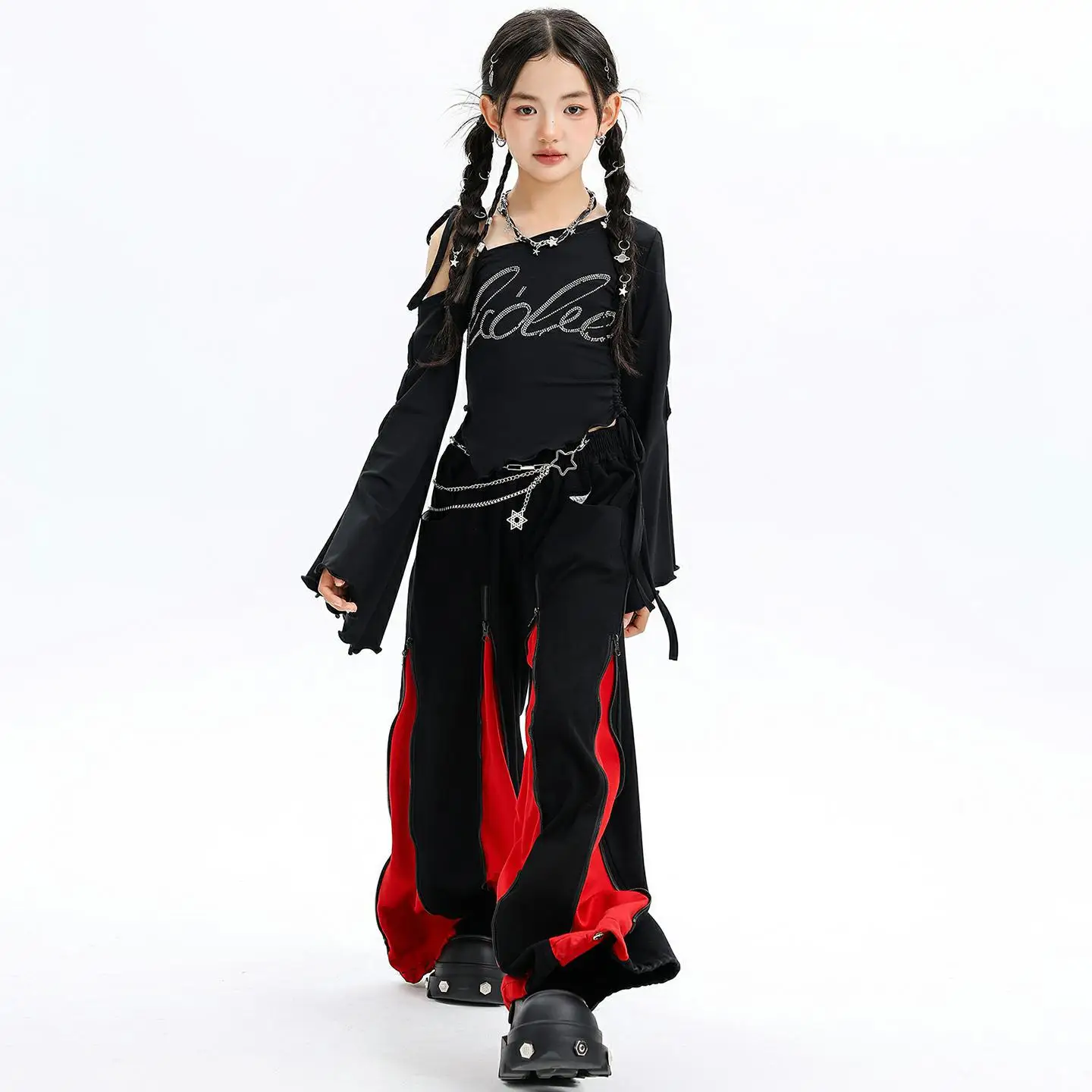 키즈 케이팝 힙합 의류 블랙 원숄더 사이드 타이 티셔츠 레드 캐주얼 지퍼 와이드 레그 팬츠 소녀 댄스 의상