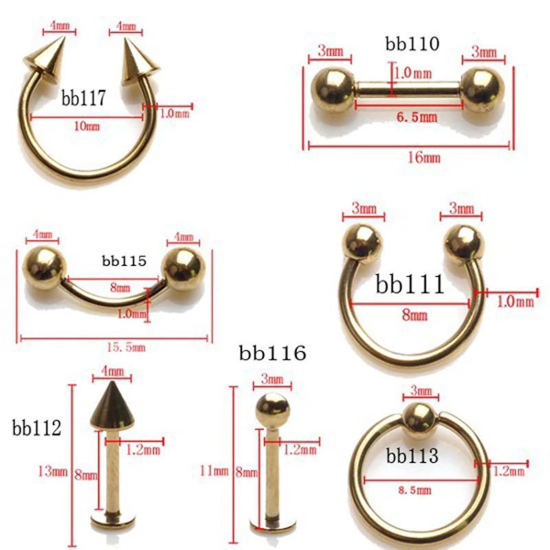 2Pcs 골드 컬러 외과 스테인레스 스틸 볼 샤프 혀 바벨 립 눈썹 콧 구멍 코 링 바디 피어 싱 쥬얼리