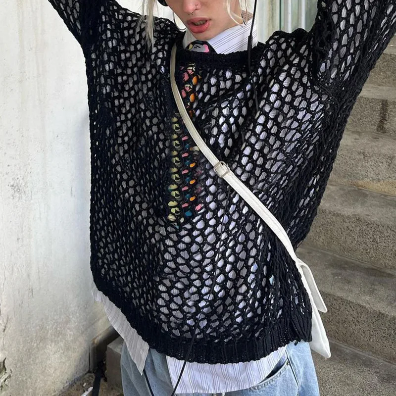 

BKLD 2026 Summer Clothes New Sexy Knitted Fishnet See Through Hollow Out Women Loose Long Sleeve Tops Beach Cover-Ups T Shirt