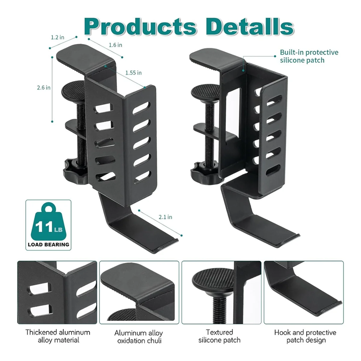حامل كمبيوتر محمول عمودي من جانب المكتب، حامل كمبيوتر محمول بدون مثقاب، حامل كمبيوتر محمول معلق لجانب المكتب، مشبك على المكتب باللون الأسود