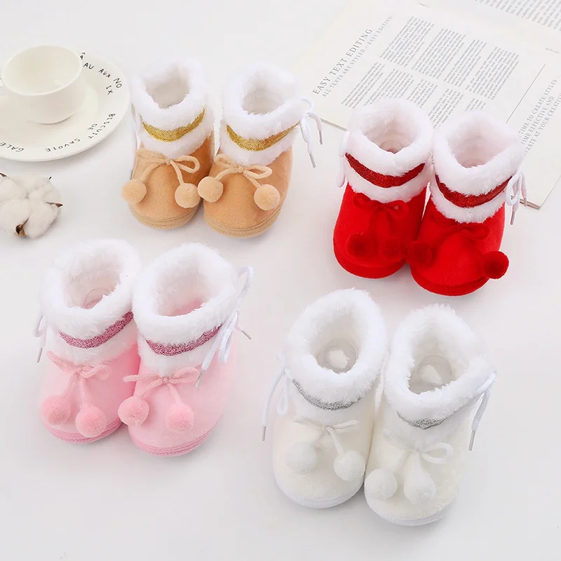 

Newborn Baby Boots Solid Pompom Winter Plush Snow Booties for Boys Girls Soft Comfortable Warming Shoes