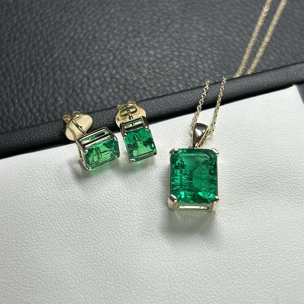 Meisidian Custom 14K Yellow Gold Hydrothermal Lab Green Emerald Stone 18 Inches Necklace and Earring Jewelry Set