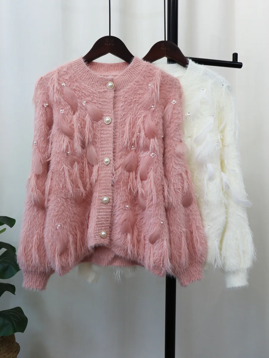 2023 Autumn And Winter Sweater Imitation Mink Velvet Sweet Feather Beads Tassel Knitted Cardigan Sweater Jacket Women's Fashion