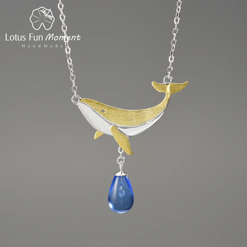 Lotus Fun Moment Natural Crystal Tears of Blue Whales Pendant Necklace for Women Real 925 Sterling Silver Chains Fine Jewelry