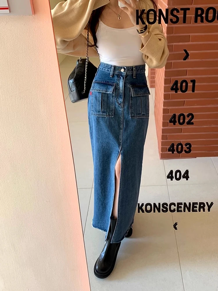 

High Waist A-Line Midi Skirt Korean Sle Faionable Denim Split Design Women's Skirt Vintage Personali Mid-Length Skirt