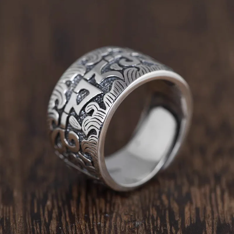 Ethnic Style Lotus Buddhist Scriptures Ring Men Jewelry Blessing Six Character Great Bright Mantra Ring Male Finger Accessories