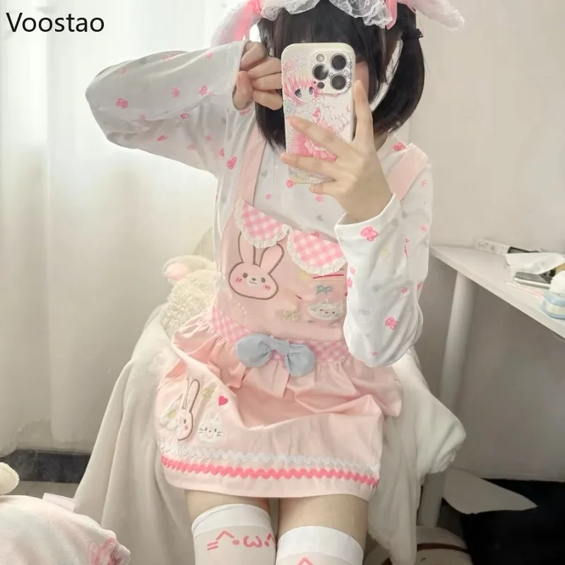 

Japanese Kawaii Cute Lolita Style Dress Set Women Sweet Rabbit Print T-Shirt Embroidery Casual Bow Strap Dress Y2k Pink Outfits
