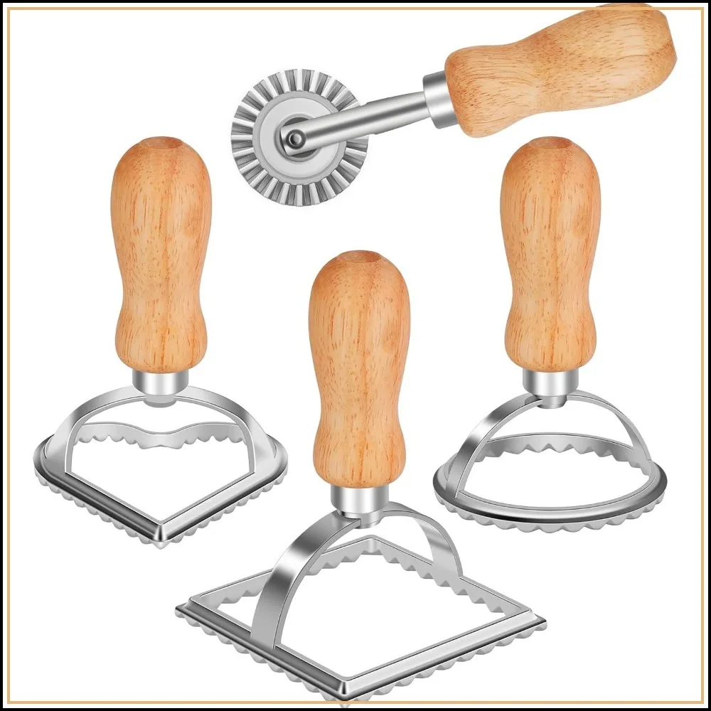 Ravioli Stamp Maker Set of 4 with Roller Wheel, Wooden Handle, Fluted Edge for Pasta Dumplings Pierogi
