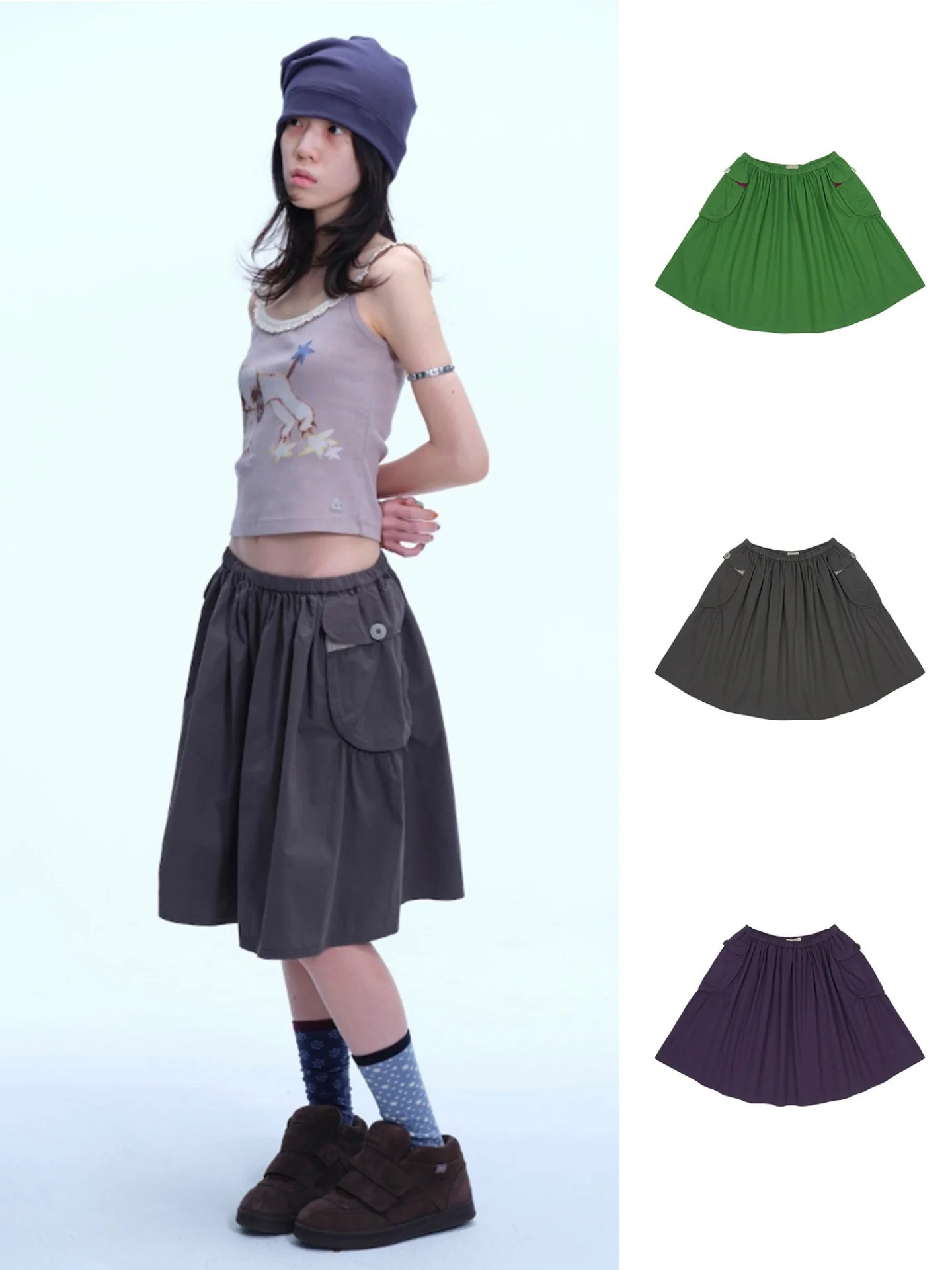Slimming Effect Ruched Elastic Waist Casual Versatile Summer Half-length Umbrella Skirt Girls Fashionable Casual Skirts