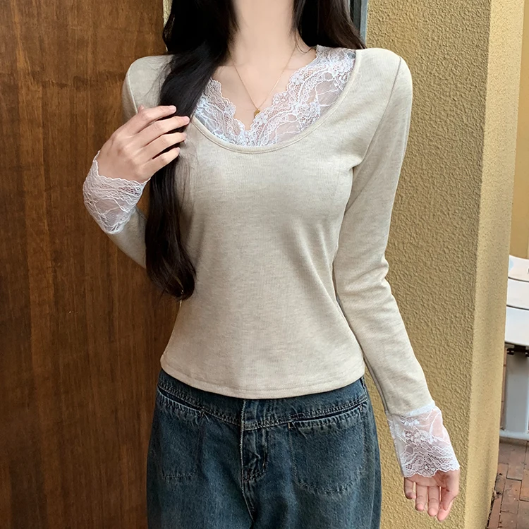 2026 Herbst Winter Damen T-Shirt Spitze Schlankes Basis-T-Shirt Elegantes Vielseitiges Strick-Layering-Oberteil mit Langen Ärmeln für Damen Neu eingetroffenes T-Shirt – Detail 3