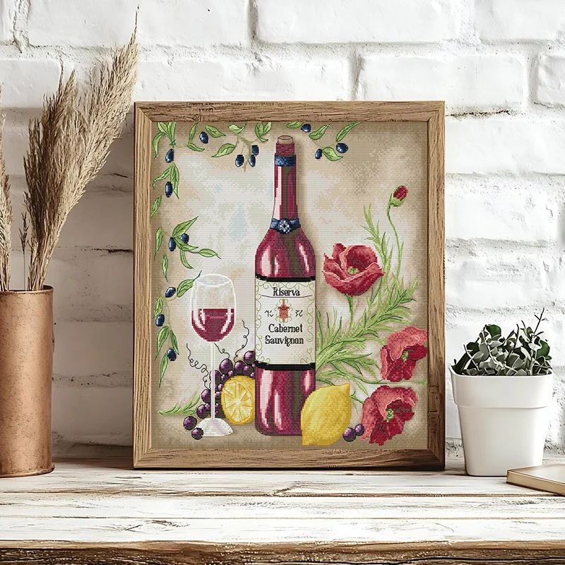 

Soulgift News Pre-Printed Cross Stitch Kit, Stamped Aida Fabric with DMC Threads, Embroidery kit - Red Wine and Flowers