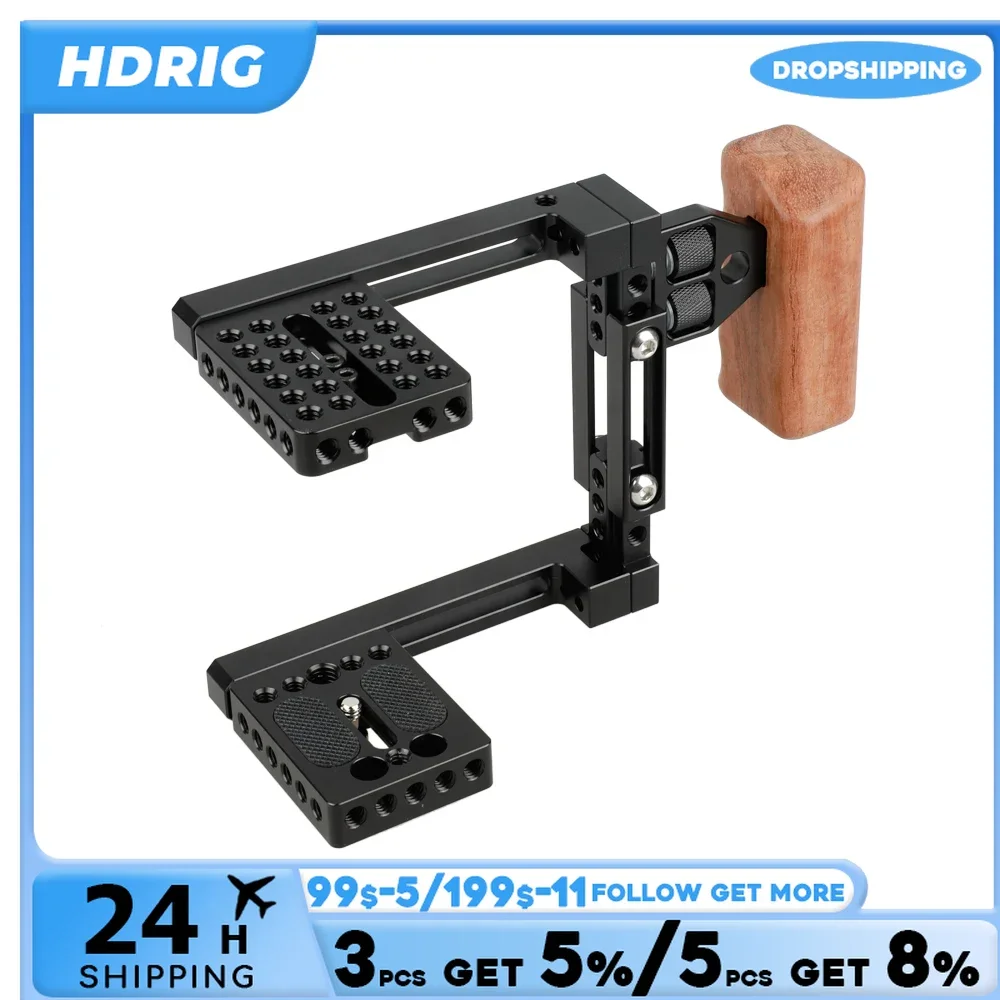 HDRIG Universal Basic Cage Adjustable Cage with Wooden Handgrip & Sliding Bar Compatible with Canon /Nikon /Sony /Panasonnic