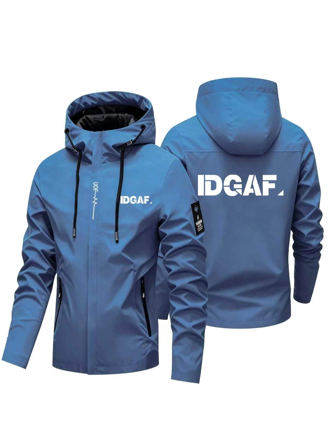 2026 New Model Men Urban Streetwear Hooded Windbreaker Jacket Bold IDGAF Text Print Full Zip Wind Resistant Casual Outer Coat
