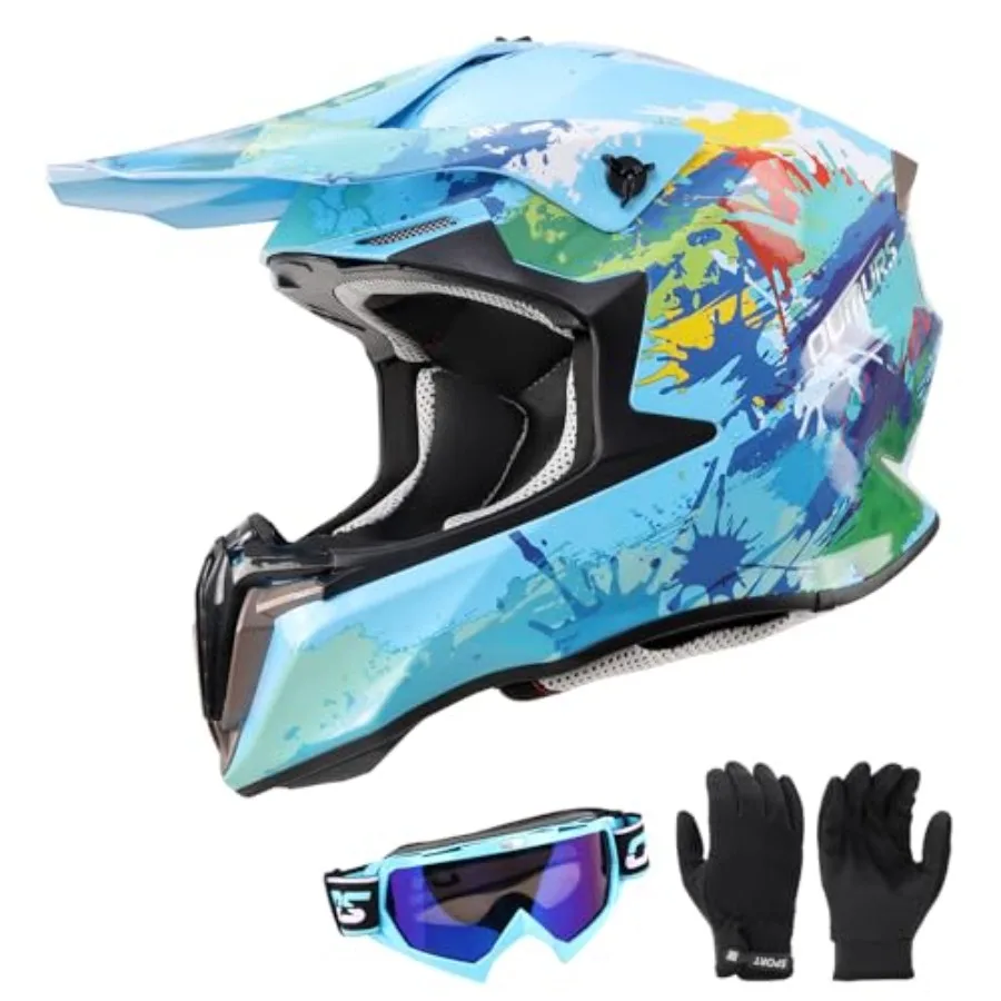 

' dirt bike helmet with goggles gloves, DOT certified, off-road motocross use, matte black ABS shell, lightweight ventilation,