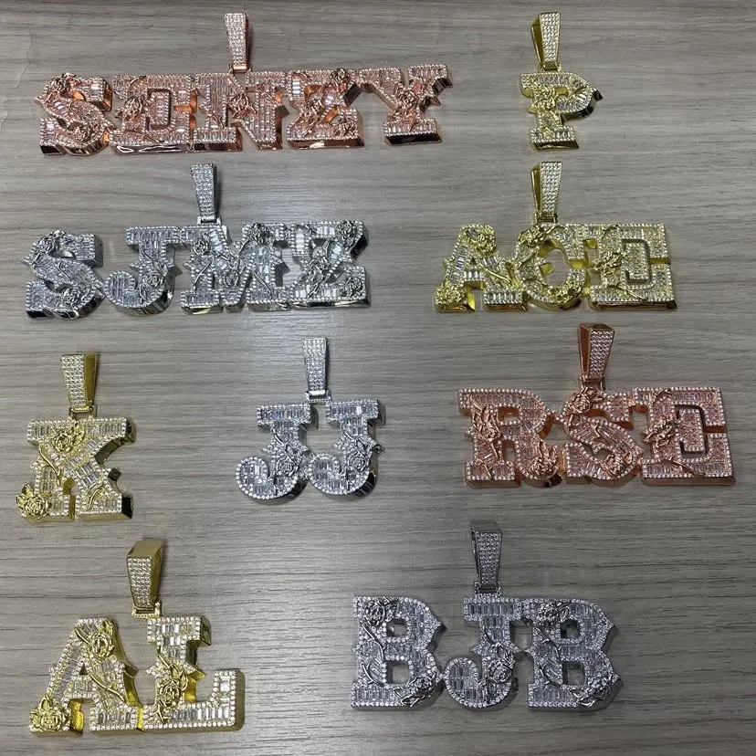 THE BLING KING Custom 3D Rose Flower Initial Letters Pendant Necklace Iced Out Baguettecz Name HipHop Jewelry Gift For Men Women