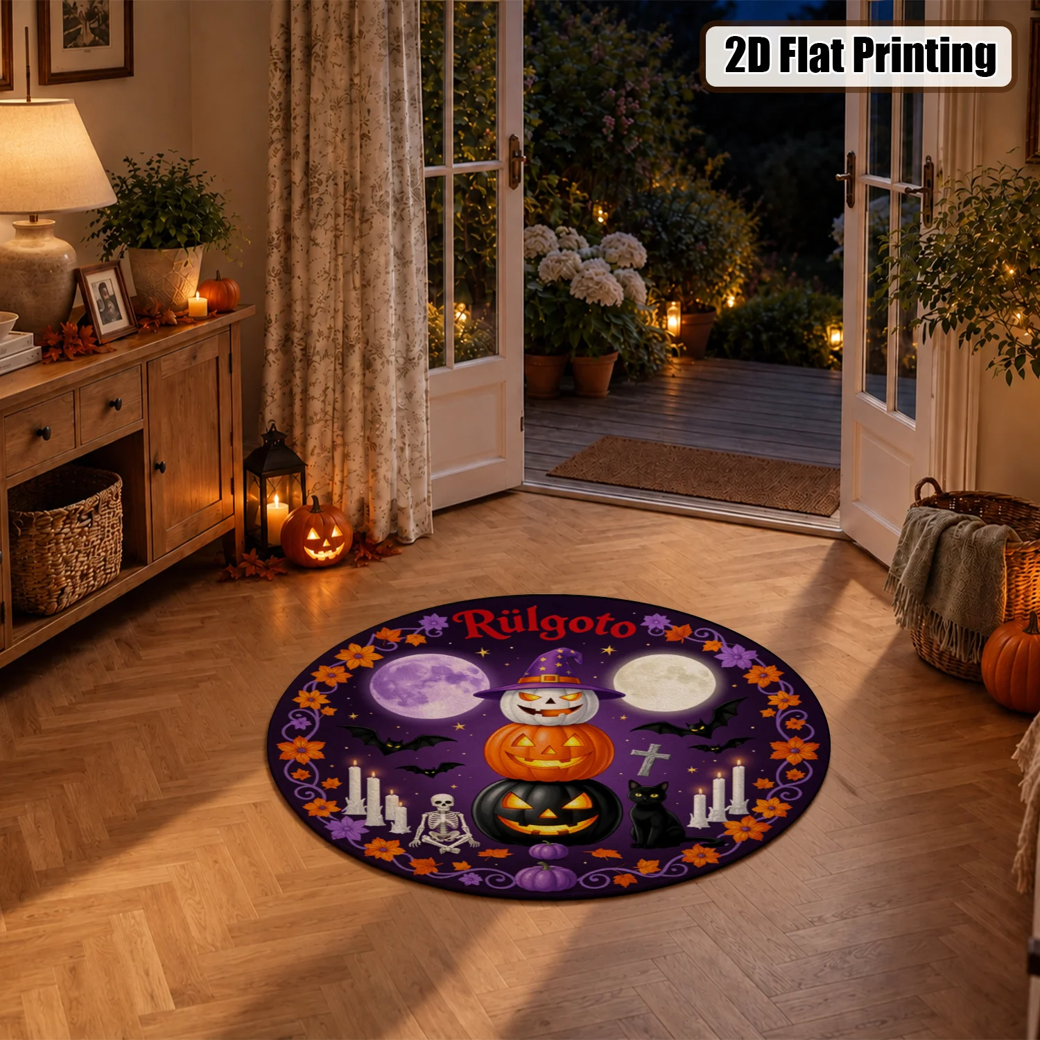 Halloween Themed Stacked Pumpkins Bats Skeleton Moon Candles Round Velvet Rug, Machine Washable, Ideal for Entryway Living Room Bedroom, Decor for Halloween Thanksgiving Christmas Black Friday New Year Holiday