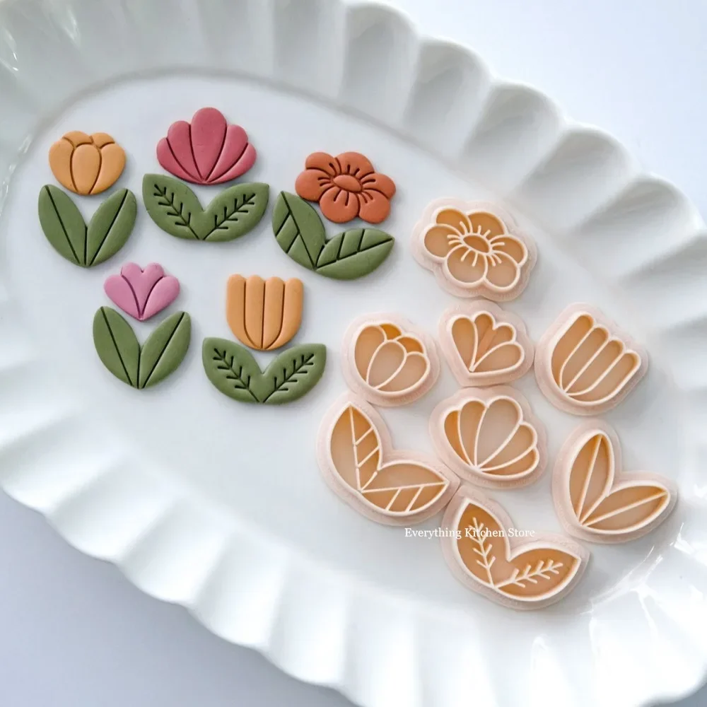 Tulip Daisy Polymer Clay Cutter DIY Soft Pottery Earrings Flower Leave Clay Brooch Jewelry Decorative Modeling Cutting Die Tools