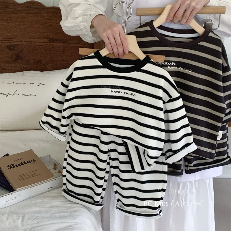 Children's Suit2024Autumn New Boys' Striped Sweater+Casual Pants Children Two-Piece SetG0327