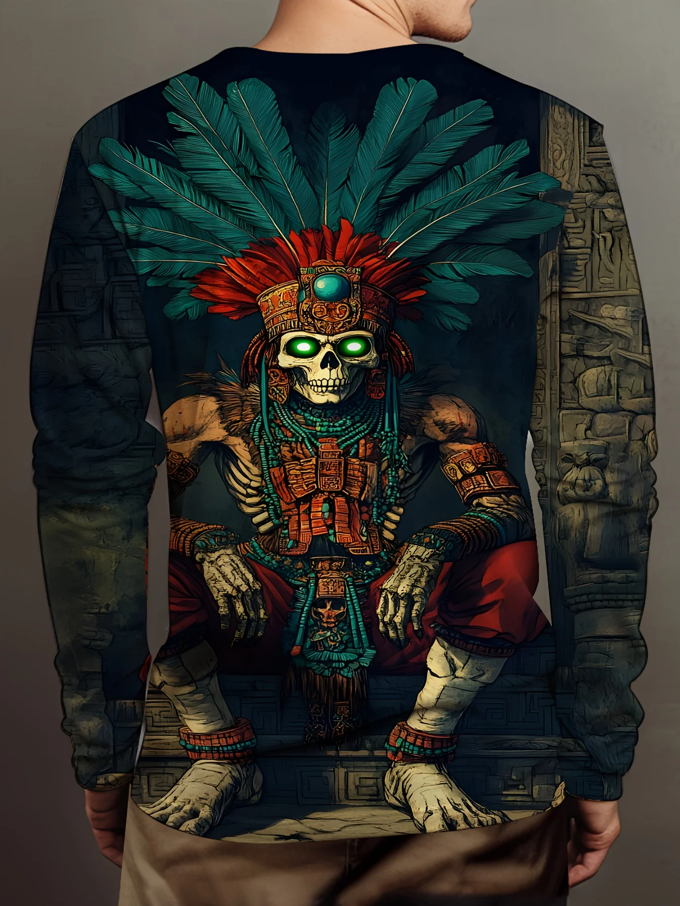 

Мужская футболка с принтом ацтекского воина майя и черепа, зеленая, красная, этническая, больших размеров, костюм на Хэллоуин, уличная одежда ​