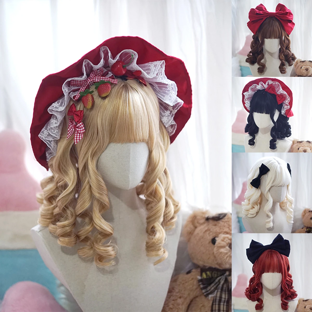 DIFEI rzymskie kręcone syntetyczne Lolita kręcone włosy z grzywką czerwone złote Anime peruka Oberl kobieta peruka Cosplay na przyjęcie