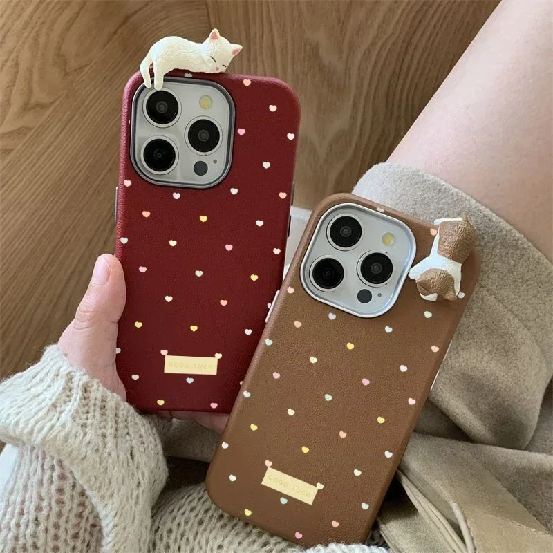 Cartoon Love Heart DIY 3D Doll Case Compatible for IPhone 13 14 16 12 11 15 Pro Max XR X 16 15 Plus XS Max Leather Texture Case