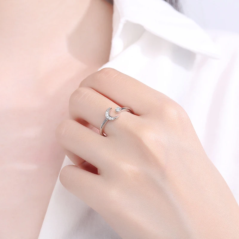 Hot Sale Hiphop Rock Fashion Moon&Round Rhinestone CZ Adjustable Rings 925 Sterling Silver Women&Girl Jewelry Gift Free Delivery