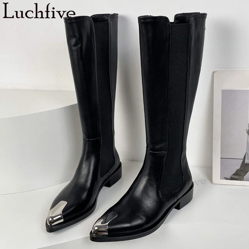 Black Genuine Leather Knee High Flat Boots Women Metal Pointy toe Elastic Slip on Punk Boots Luxury Fashion Week Ankle Boots