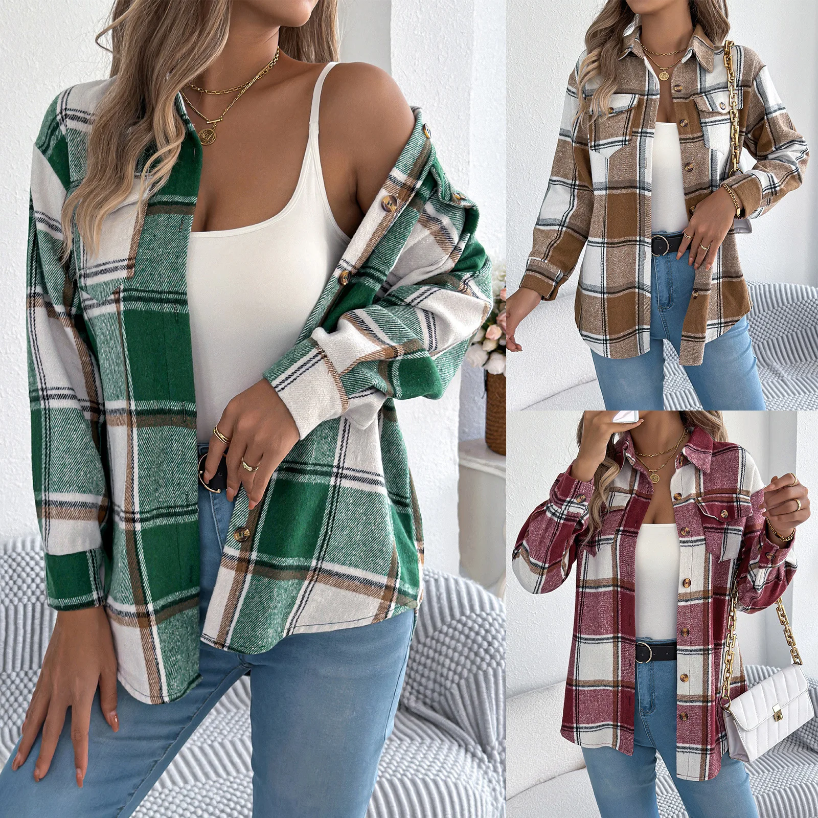 

Actual photos Autumn/Winter European-style casual checked faux-pocket long-sleeved mid-length coat