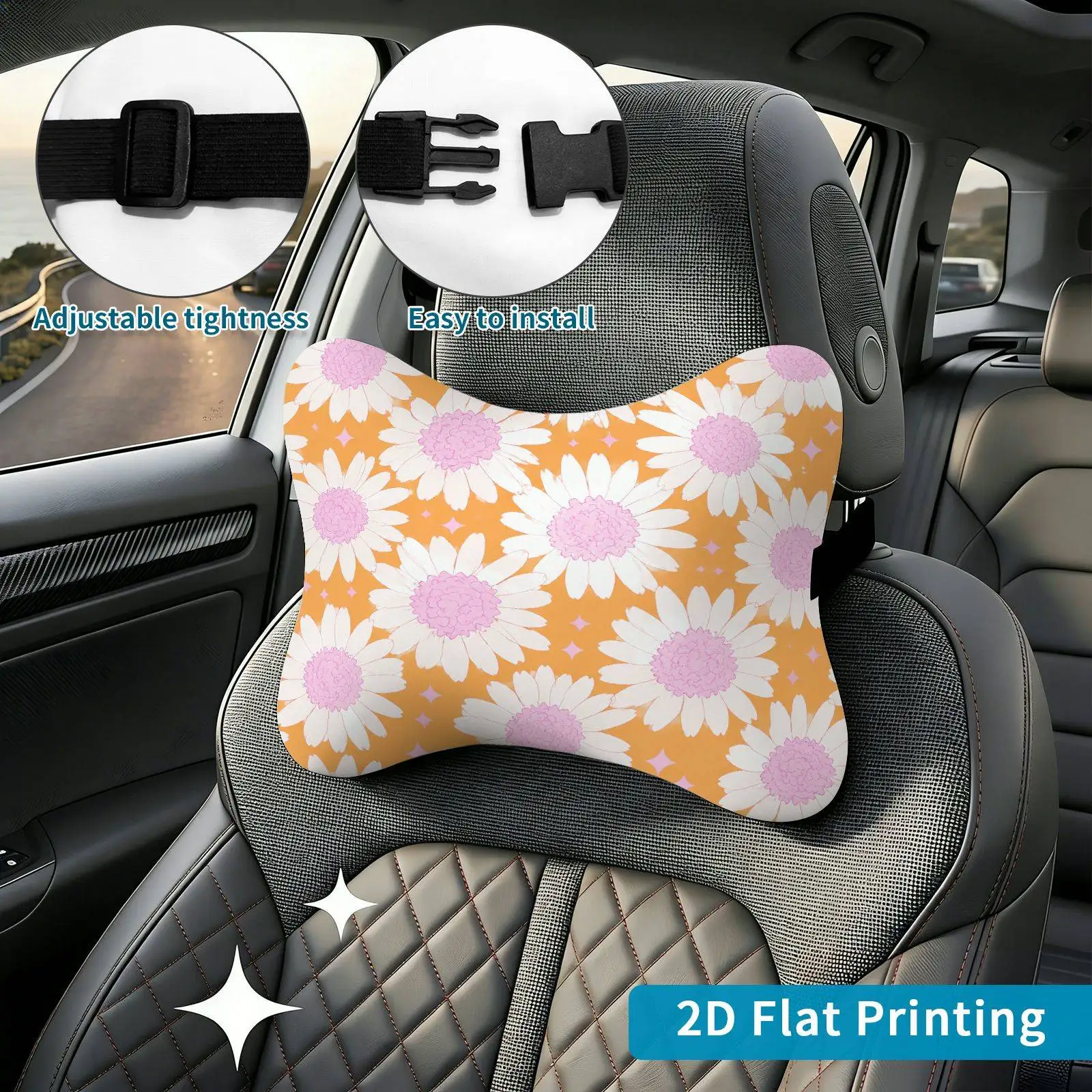 2pcs Daisy Floral Pattern Car Seat Headrest, Neck Support Cushion, Suitable For All Seasons Of Car Additions, Floral Theme, Trav