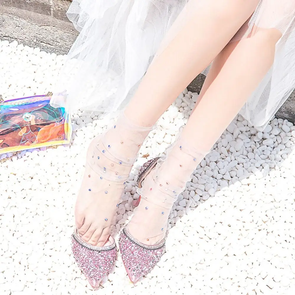 

Elastic Ultra-Thin Summer Y2K Streetwear Women Mesh Socks Shine Crystal Tulle Socks Korean Dress Socks Transparent Hosiery