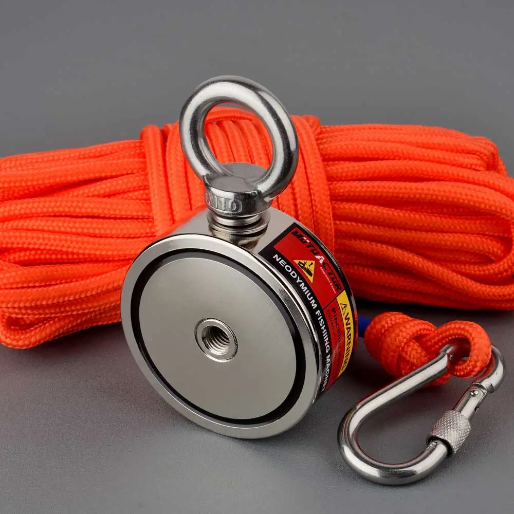 250KG*2 Double Sided Magnet Power Magnetic Material Base Strong Neodymium N52 Ring Fishing Magnets 20M Durable Rope and Gloves