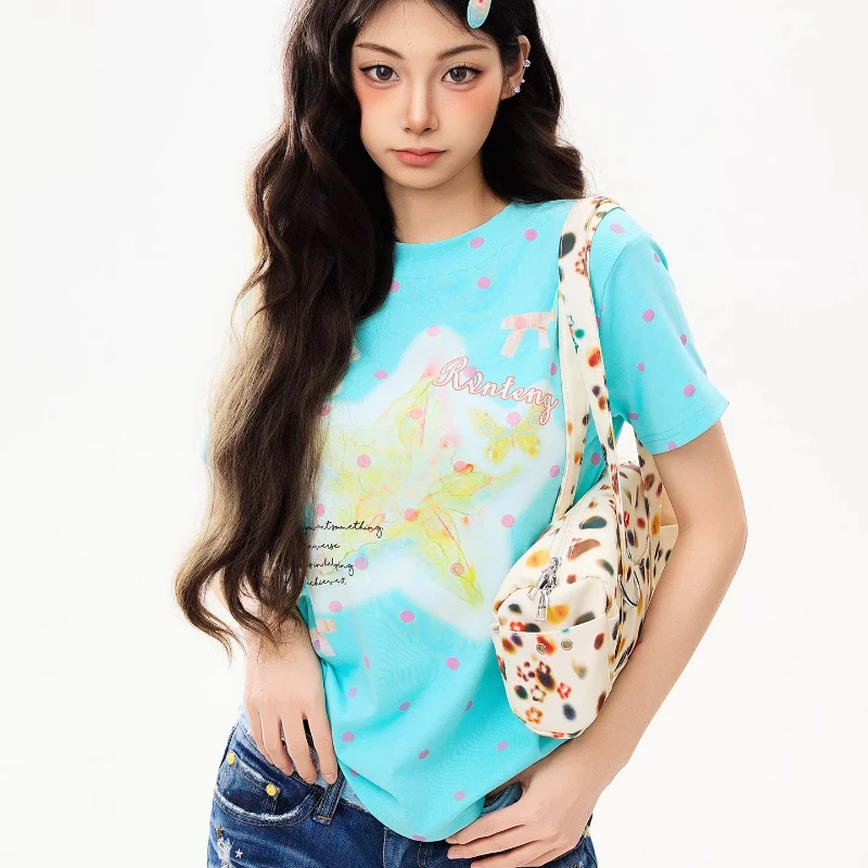 

2026 New Sweet Cool Girls Gentle Dot Polka Dot Women's Short T-shirt Japanese Design Star Y2k Subculture T-shirts Top Ladies