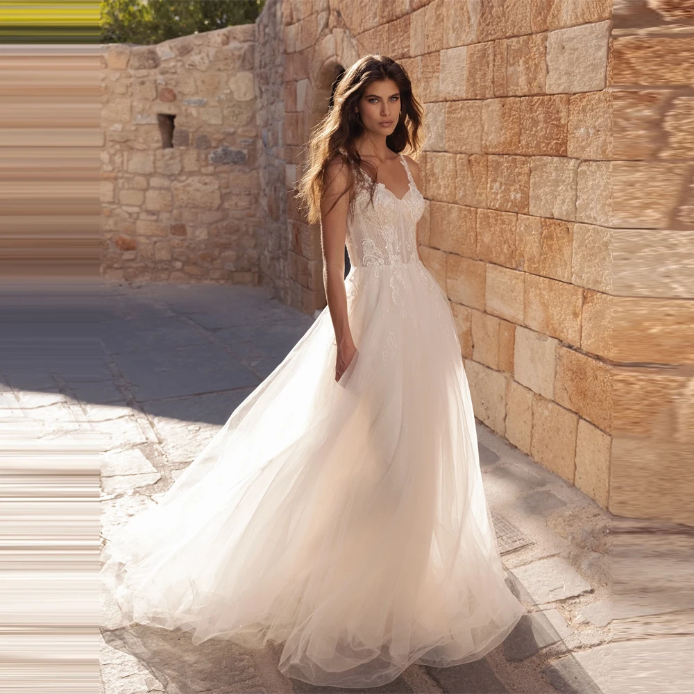

Simplicity A-Line Lady Wedding Dresses Customized V-Neck Long Trumpet Sleeves Bridal Gowns Shining Decals Embellishments Robes