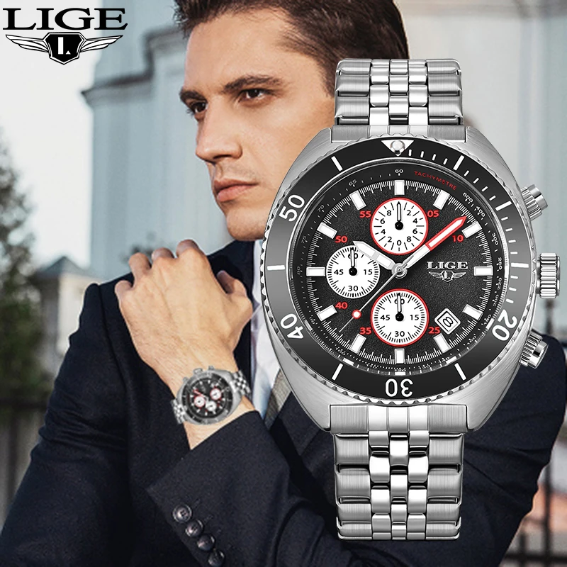 LIGE Design Luxury Quartz Man Watch Casual Sports Stainless Waterproof Wrist Big Dial Watches for Men Rotating Bezel Male Clocks