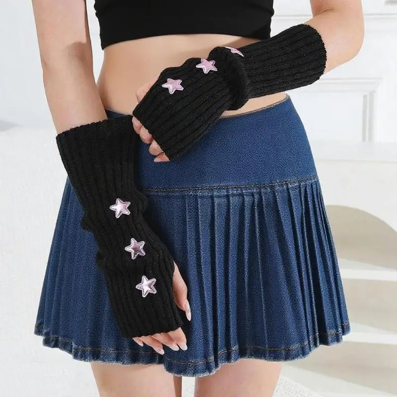 

Women Knit Arm Sleeves Japanese White Black Goth Kawaii Long Fingerless Gloves For Girls Y2K Star Knitted Arm Warmers