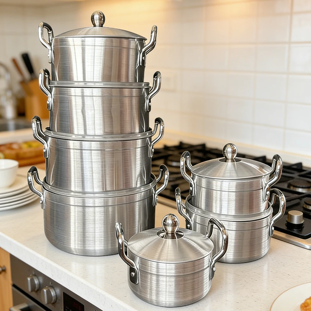 7-Piece Metal Cooking Pot Set Thickened Durable Kitchen Pots for Soup Stew Boiling Easy to Clean Ideal for Home & Camping