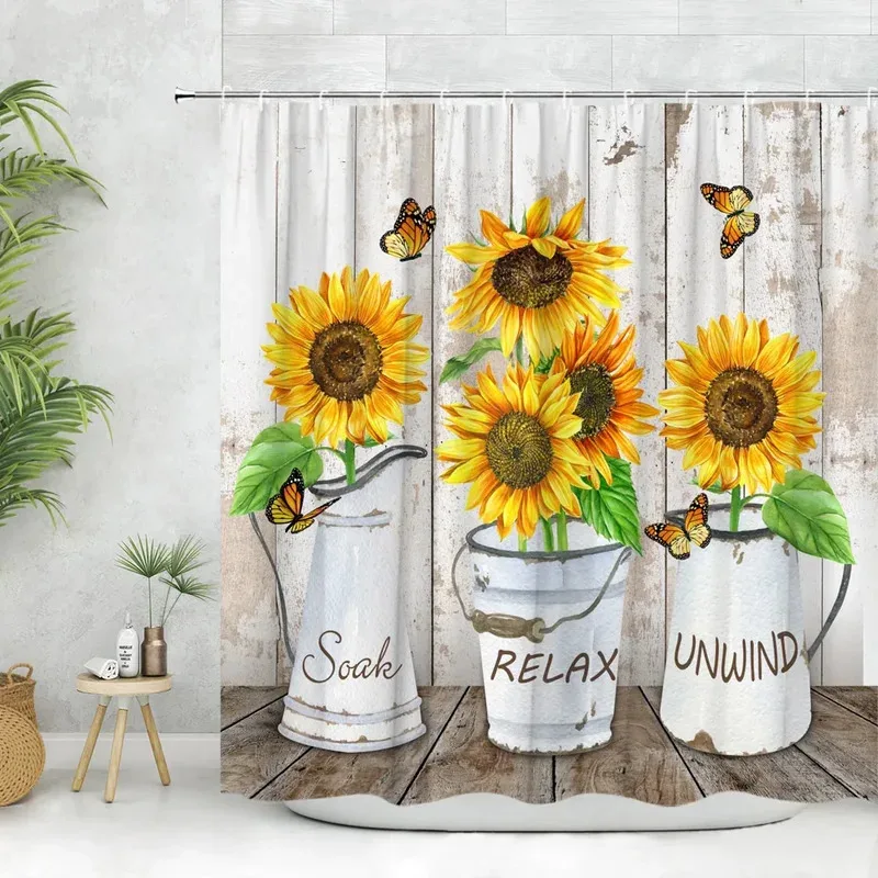 

JHB23Spring Floral Shower Curtain, Farm Butterflies Watercolor Rustic Wooden Plank Butterfly Birdhouse Sunflower Plant Bathr9Kj(