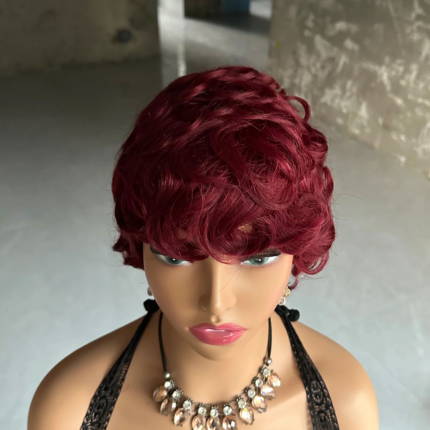 Short Wavy Curly Pixie Cut Full Machine Made Human Hair Wigs With Bang For Black Women Remy Brazilian Hair Pixie Cut Wig